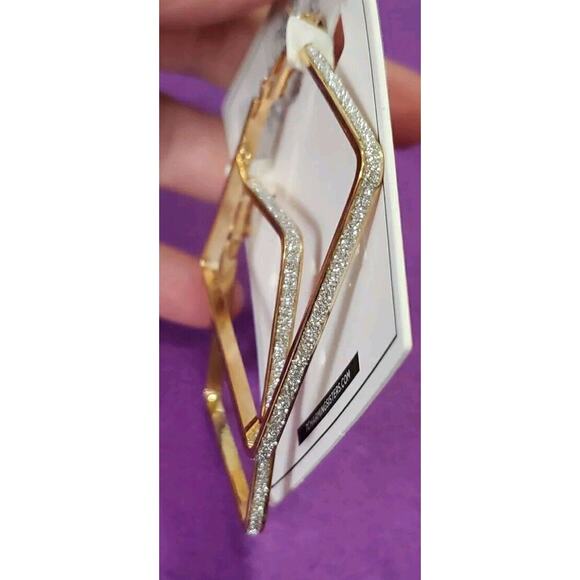 Large Geometric Design Square Hoop Earrings In Gold Tone Metal & Glittery Accent - Picture 6 of 8